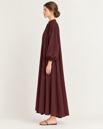Women's Stand Collar Puff Sleeve Swing Dress — Red — Side view