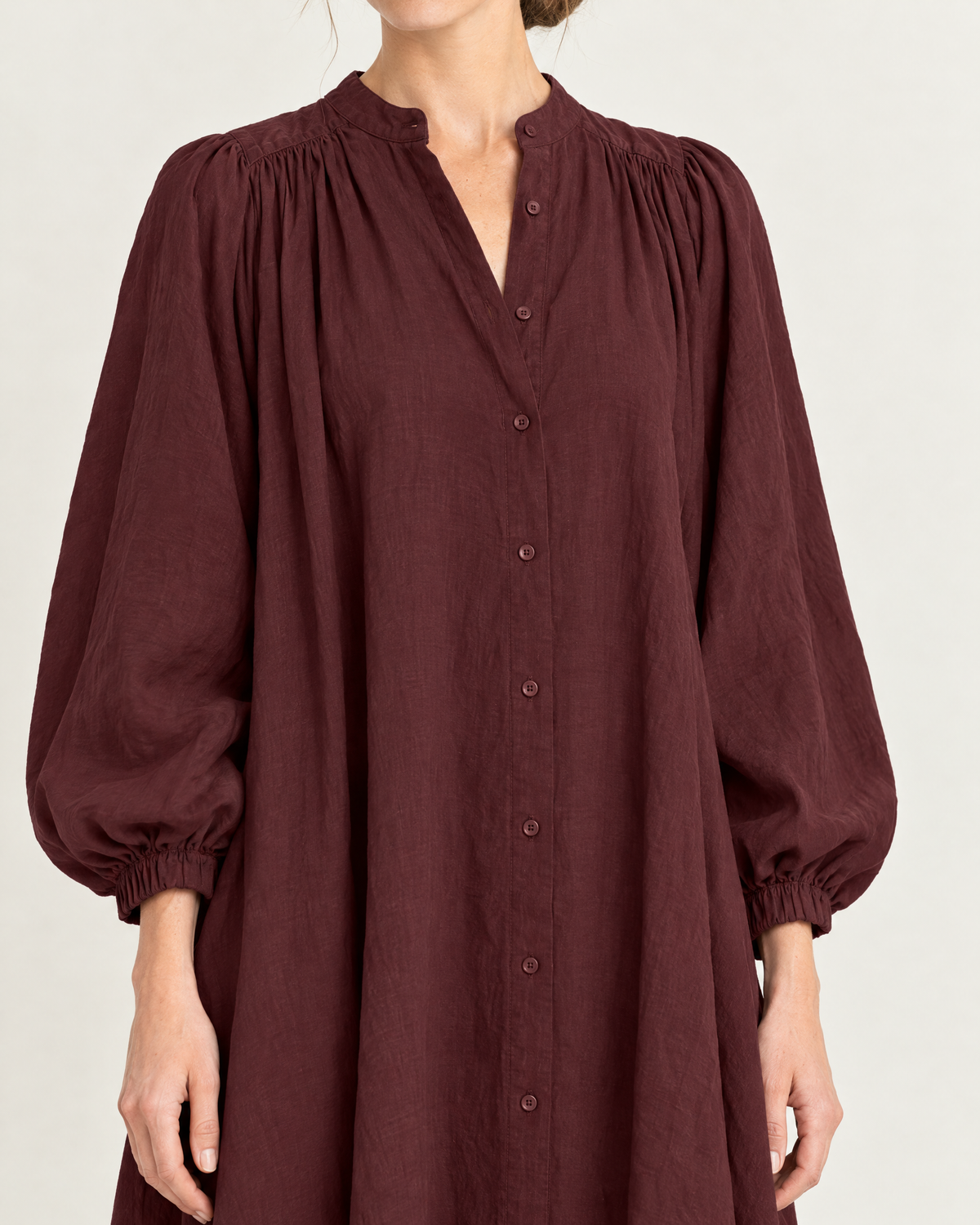Women's Stand Collar Puff Sleeve Swing Dress — Red — Garment detail