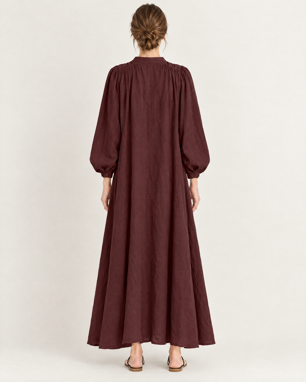 Women's Stand Collar Puff Sleeve Swing Dress — Red — Back view