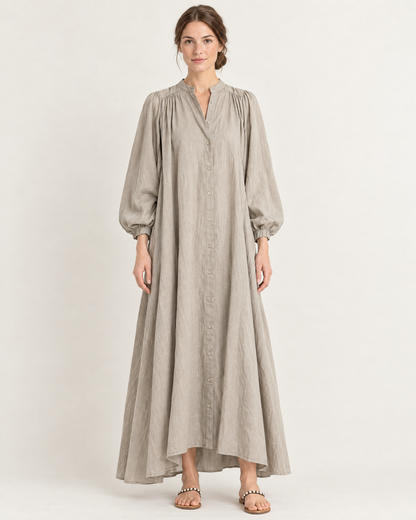 Women's Stand Collar Puff Sleeve Swing Dress — White — Front view