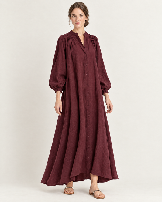 Women's Stand Collar Puff Sleeve Swing Dress — White — Three-quarter view