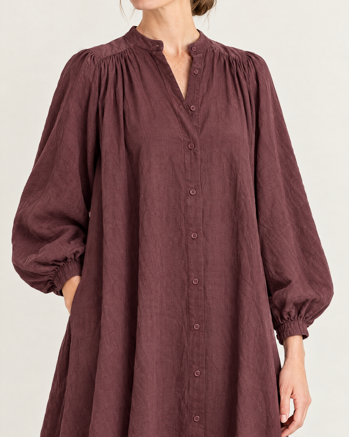 Women's Stand Collar Puff Sleeve Swing Dress — White — Garment detail