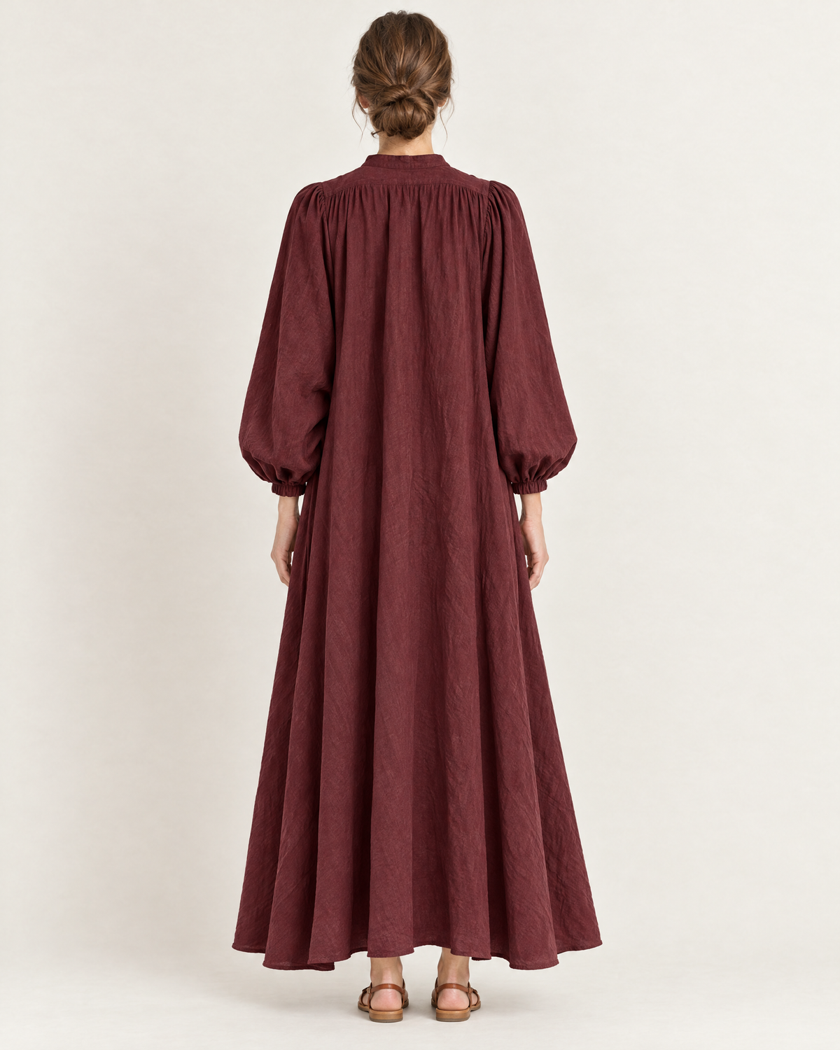 Women's Stand Collar Puff Sleeve Swing Dress — White — Back view