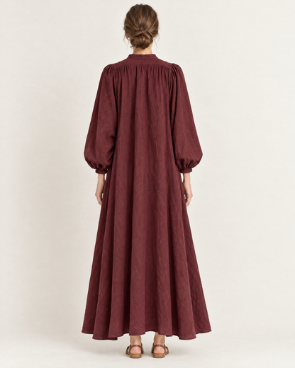 Women's Stand Collar Puff Sleeve Swing Dress — White — Back view