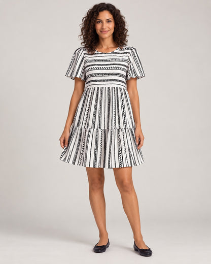 Full-length front view of the Black variant of the Women's Striped Round-Neck Tiered Dress