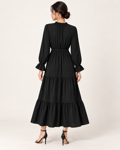 Women's Long Sleeve Tiered Swing Dress - Black - back view