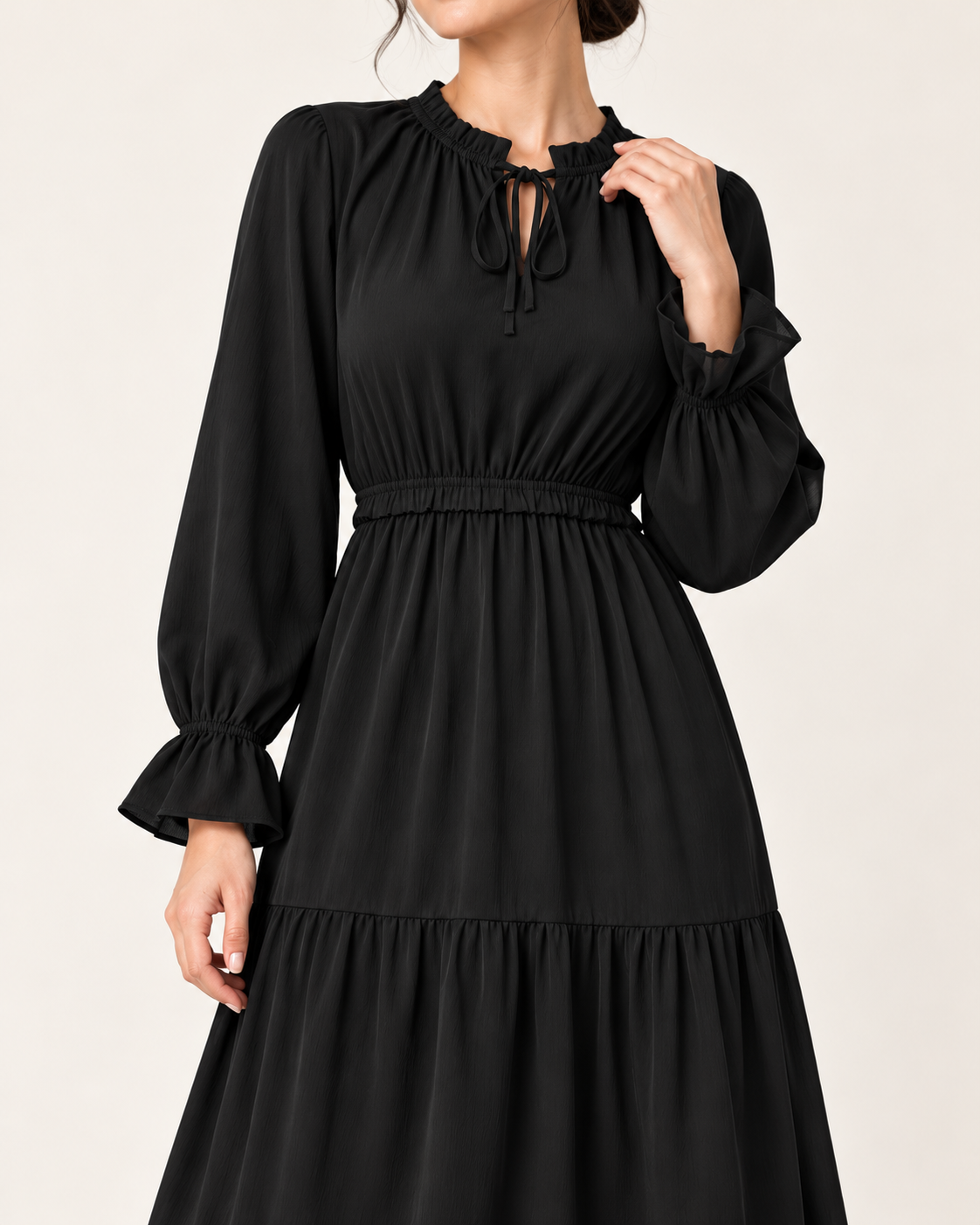 Women's Long Sleeve Tiered Swing Dress - Black - detail view
