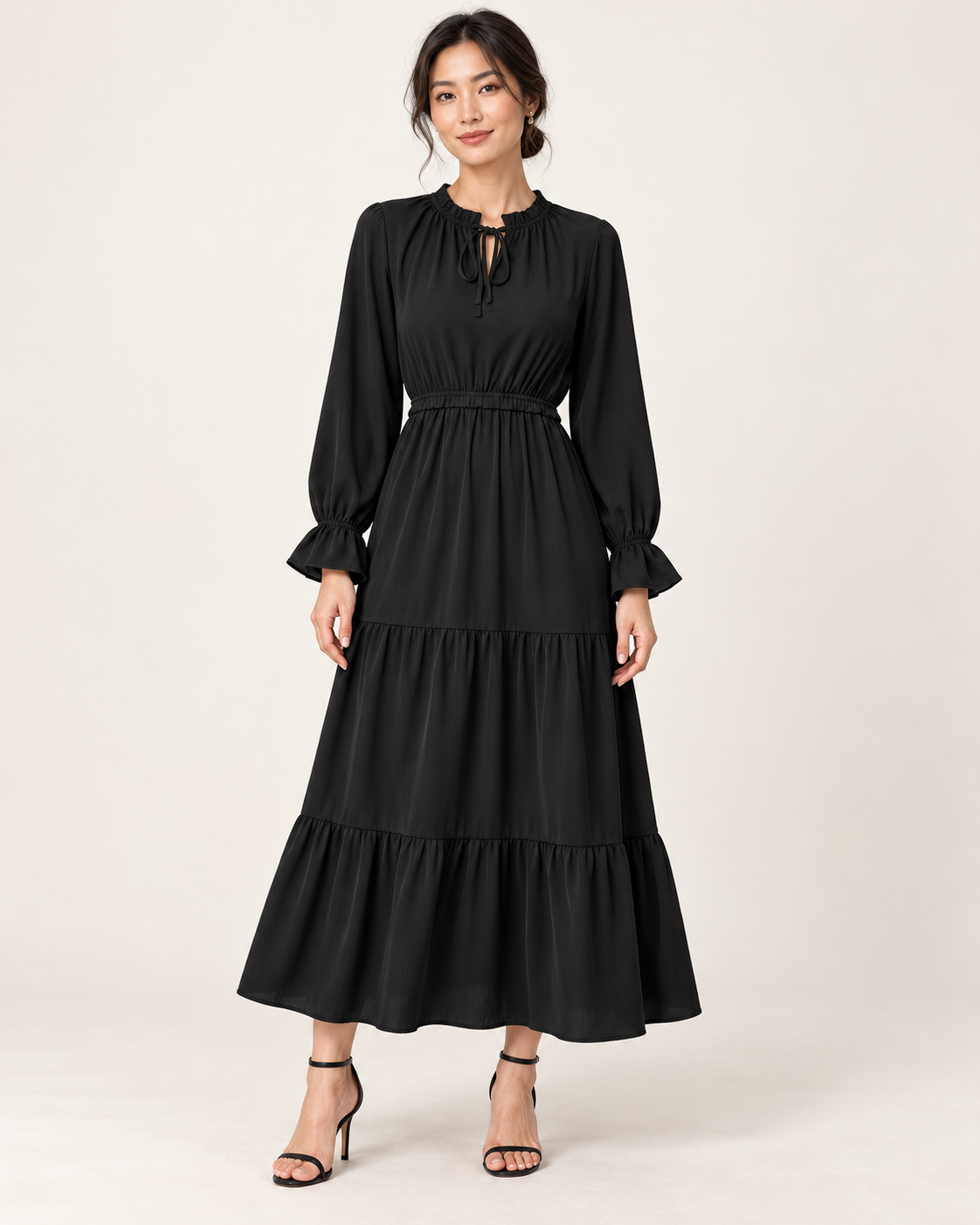 Women's Long Sleeve Tiered Swing Dress - Black - front view