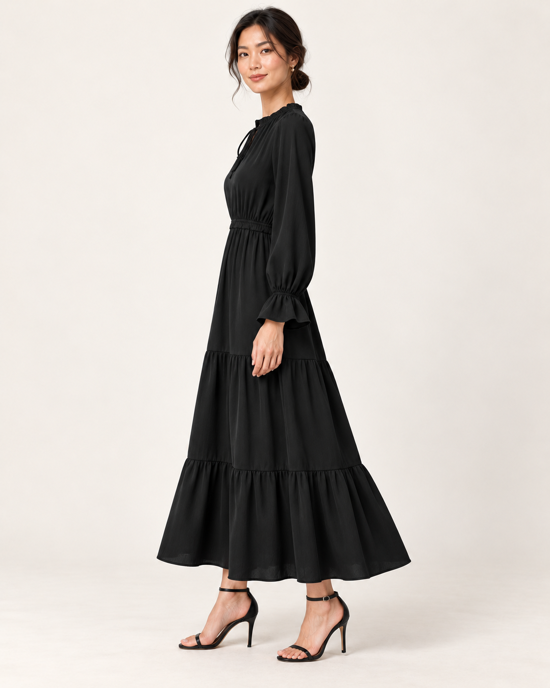 Women's Long Sleeve Tiered Swing Dress - Black - side view