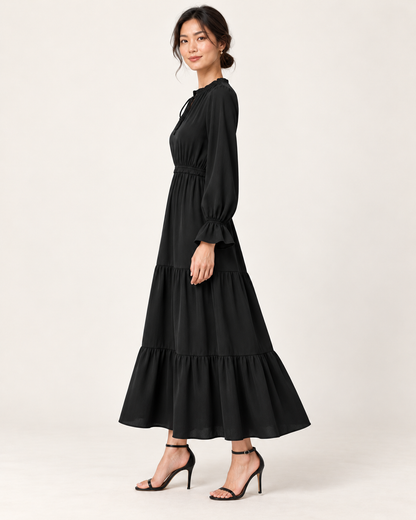 Women's Long Sleeve Tiered Swing Dress - Black - side view