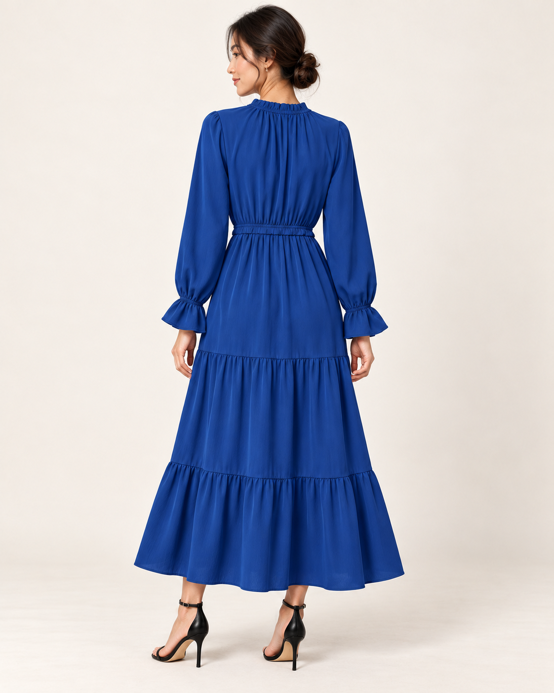 Women's Long Sleeve Tiered Swing Dress - Blue - back view