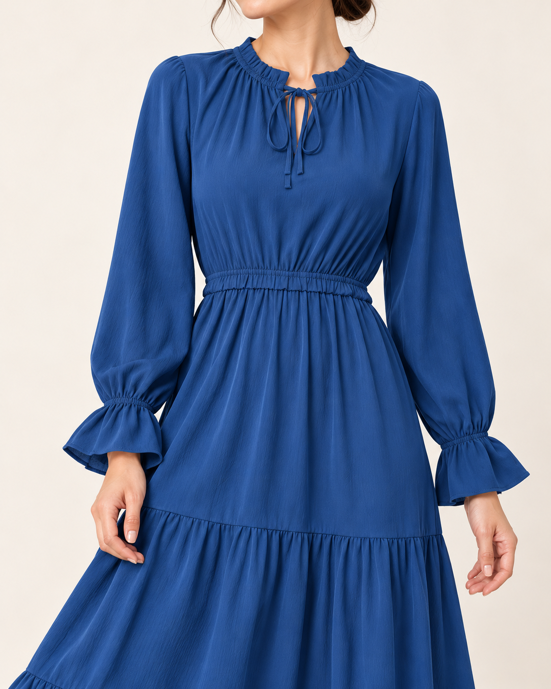 Women's Long Sleeve Tiered Swing Dress - Blue - detail view