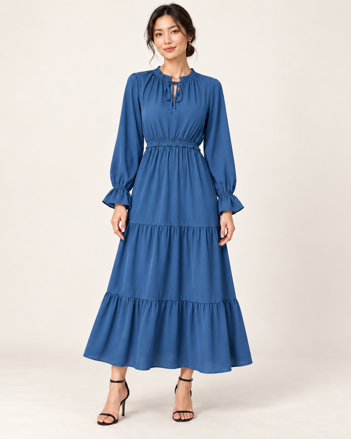 Women's Long Sleeve Tiered Swing Dress - Blue - front view
