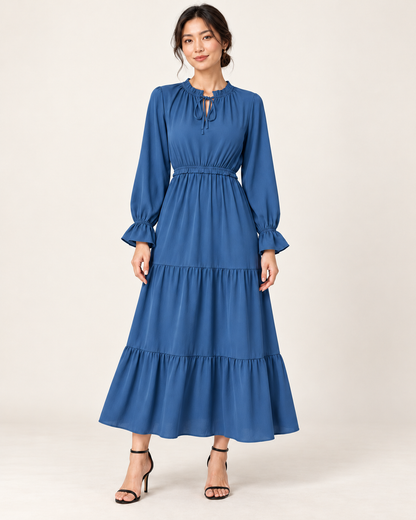 Women's Long Sleeve Tiered Swing Dress - Blue - front view
