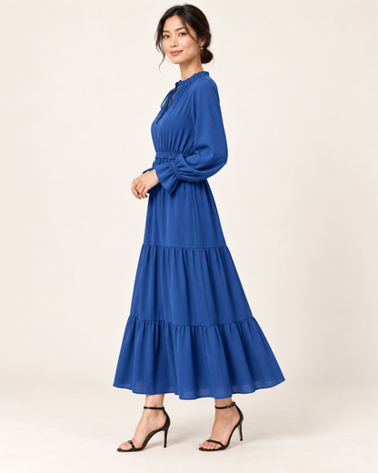 Women's Long Sleeve Tiered Swing Dress - Blue - side view