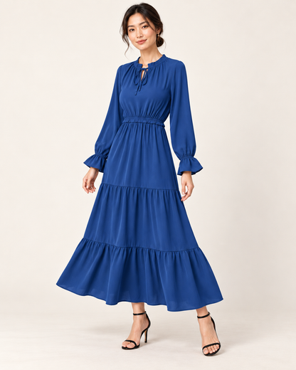 Women's Long Sleeve Tiered Swing Dress - Blue - three-quarter view