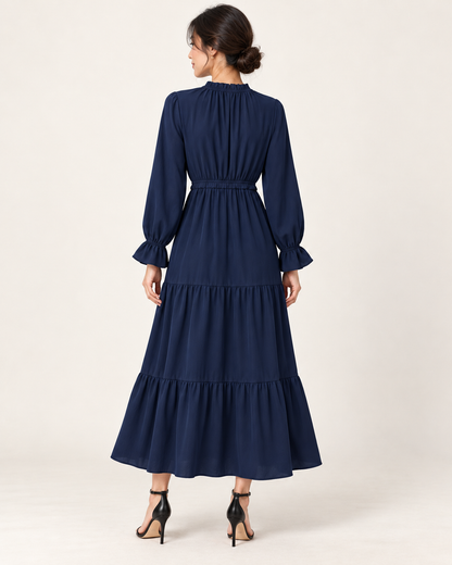 Women's Long Sleeve Tiered Swing Dress - Dark Blue - back view