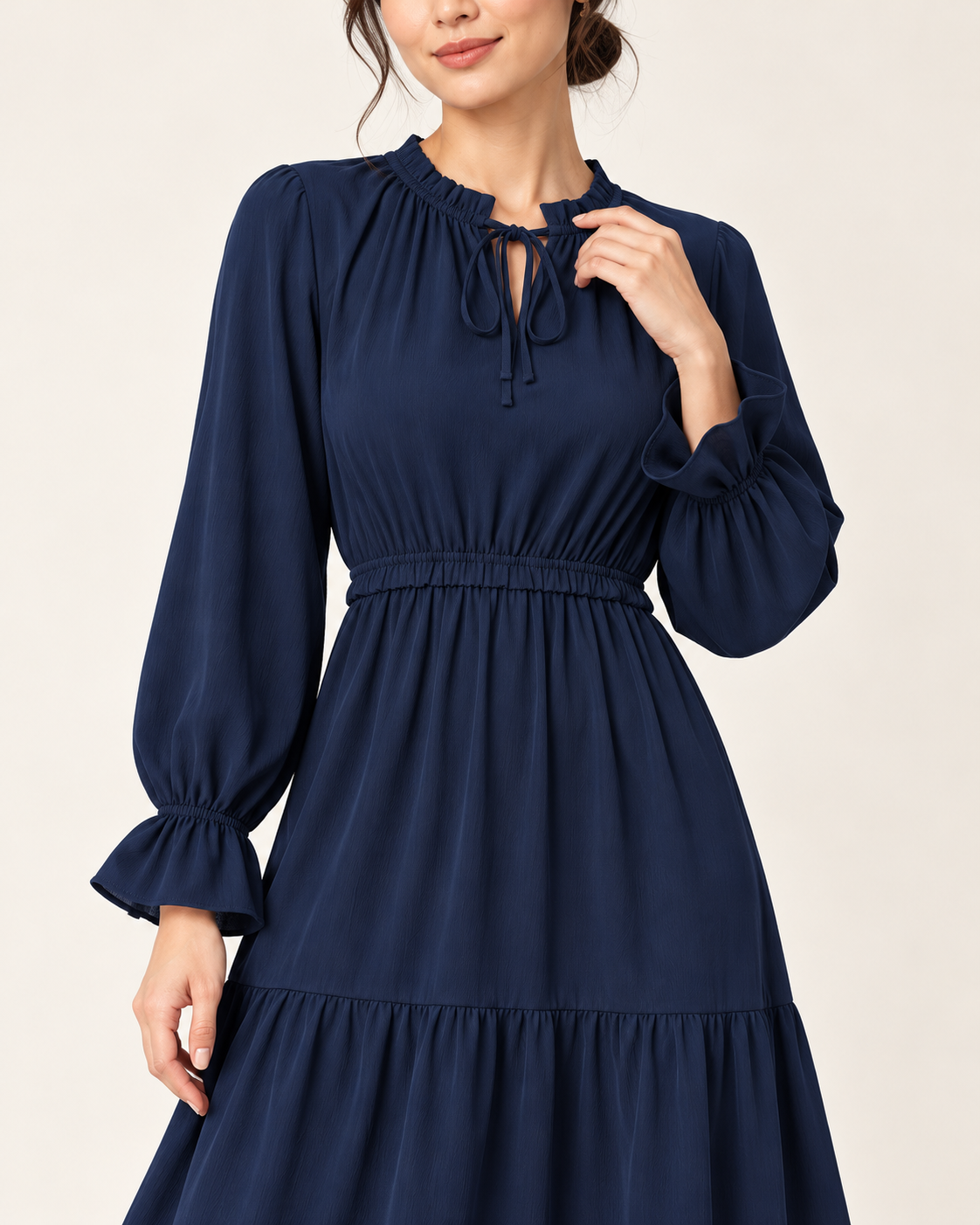 Women's Long Sleeve Tiered Swing Dress - Dark Blue - detail view