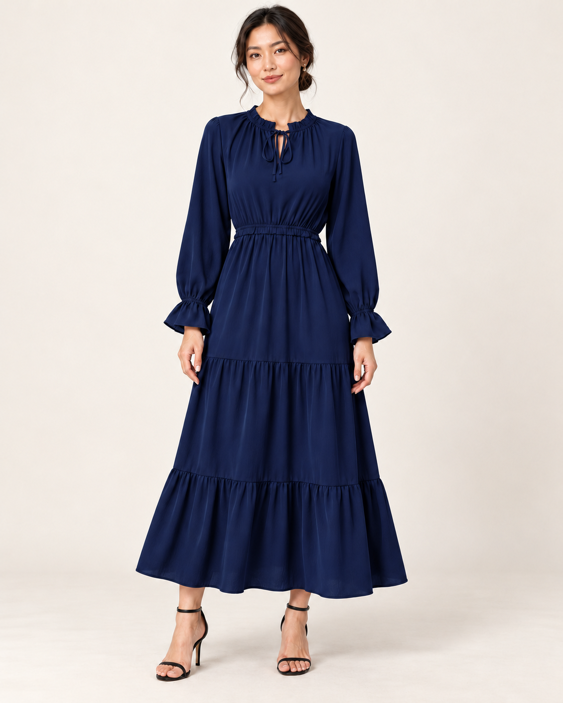 Women's Long Sleeve Tiered Swing Dress - Dark Blue - front view