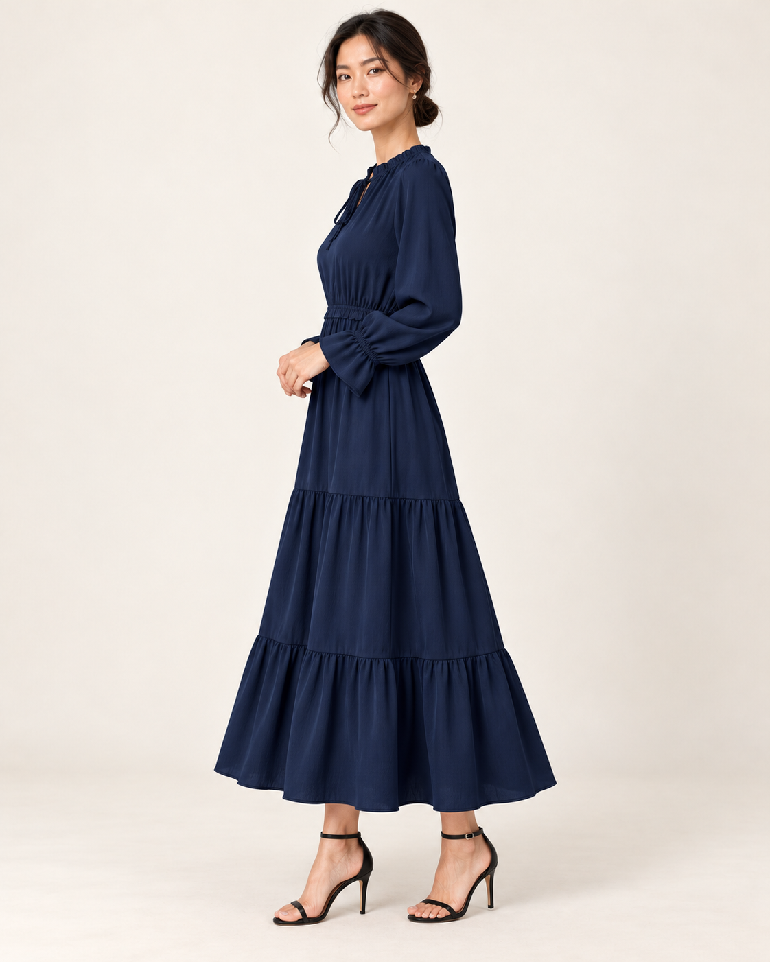 Women's Long Sleeve Tiered Swing Dress - Dark Blue - side view