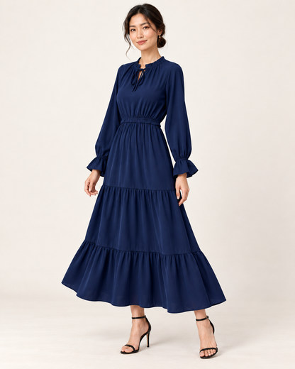 Women's Long Sleeve Tiered Swing Dress - Dark Blue - three-quarter view