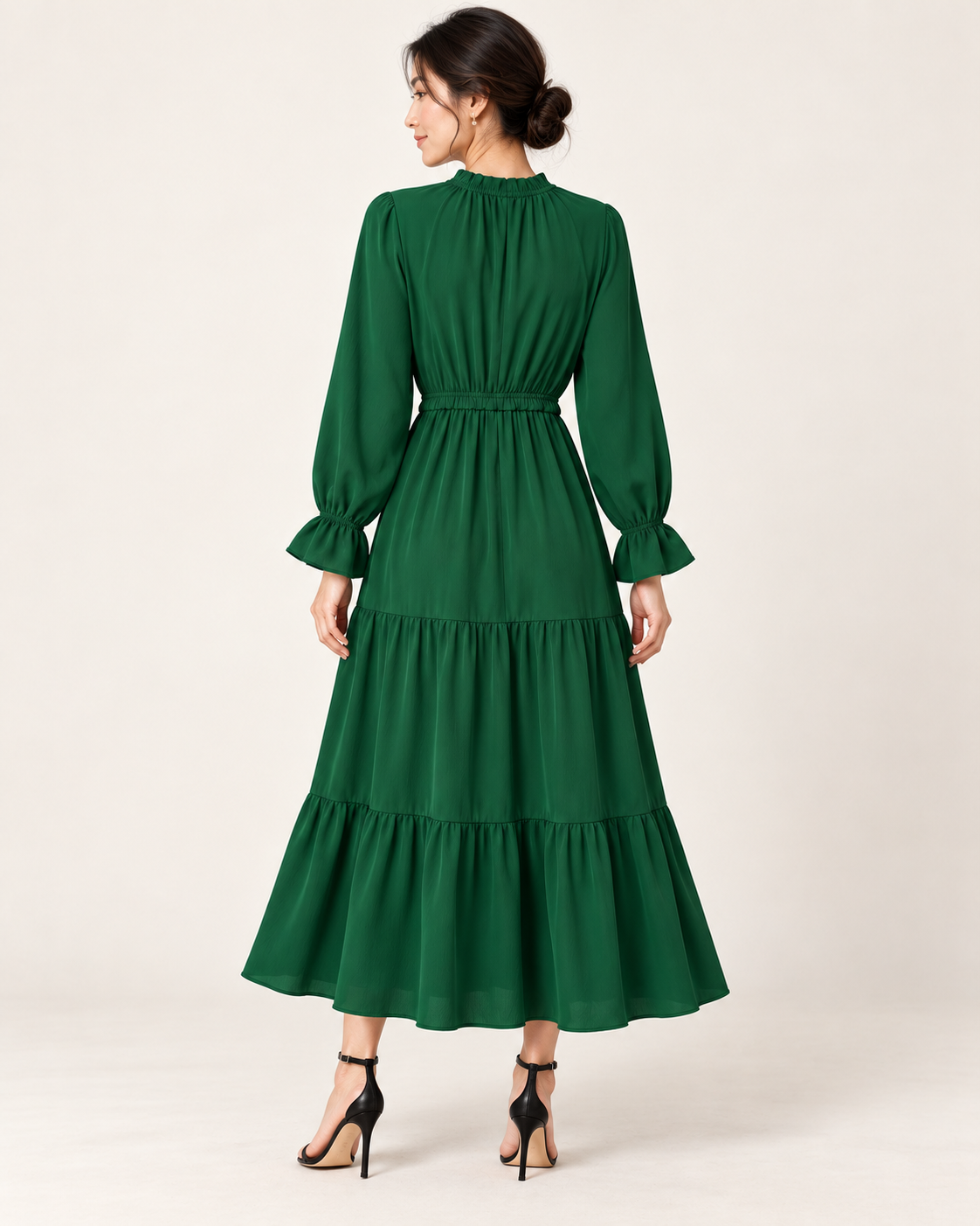 Women's Long Sleeve Tiered Swing Dress - Green - back view