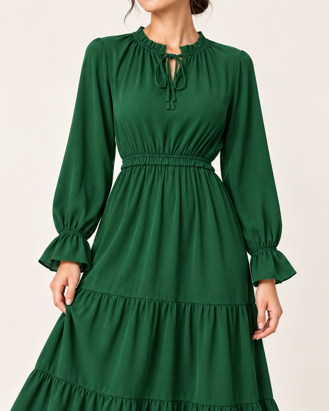 Women's Long Sleeve Tiered Swing Dress - Green - detail view