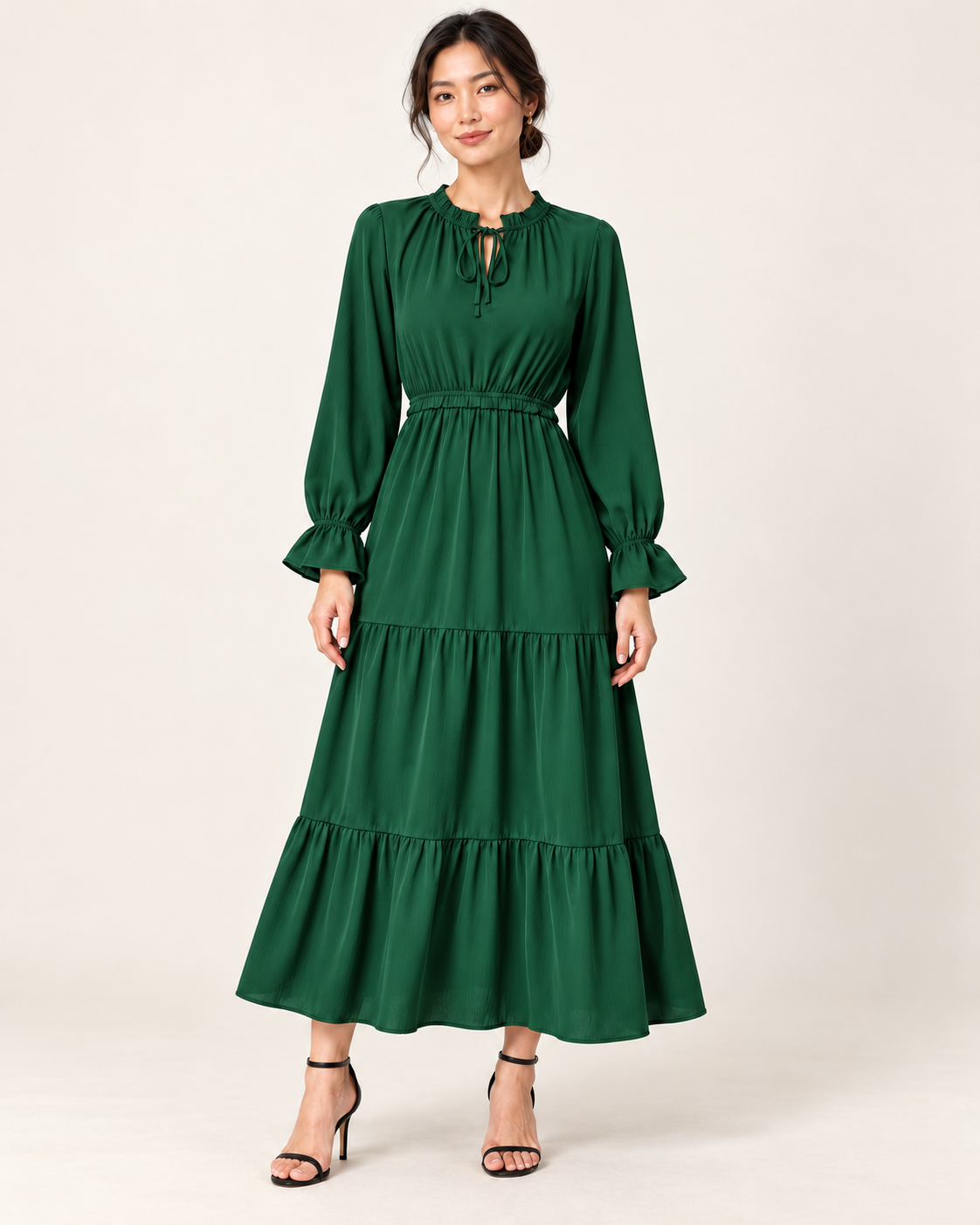 Women's Long Sleeve Tiered Swing Dress - Green - front view