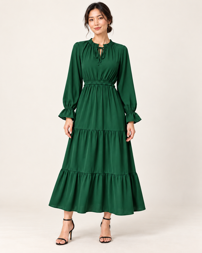Women's Long Sleeve Tiered Swing Dress - Green - front view