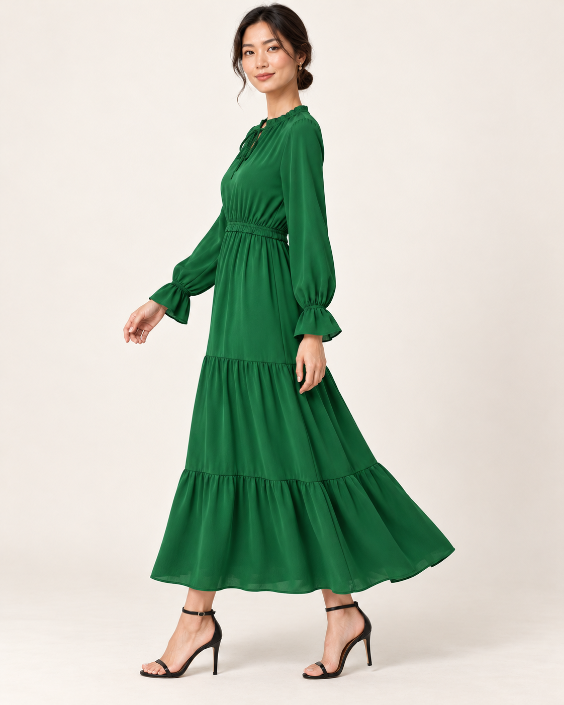 Women's Long Sleeve Tiered Swing Dress - Green - side view