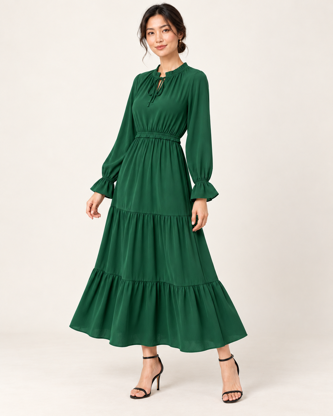 Women's Long Sleeve Tiered Swing Dress - Green - three-quarter view