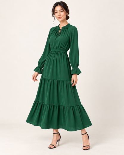 Women's Long Sleeve Tiered Swing Dress - Green - three-quarter view