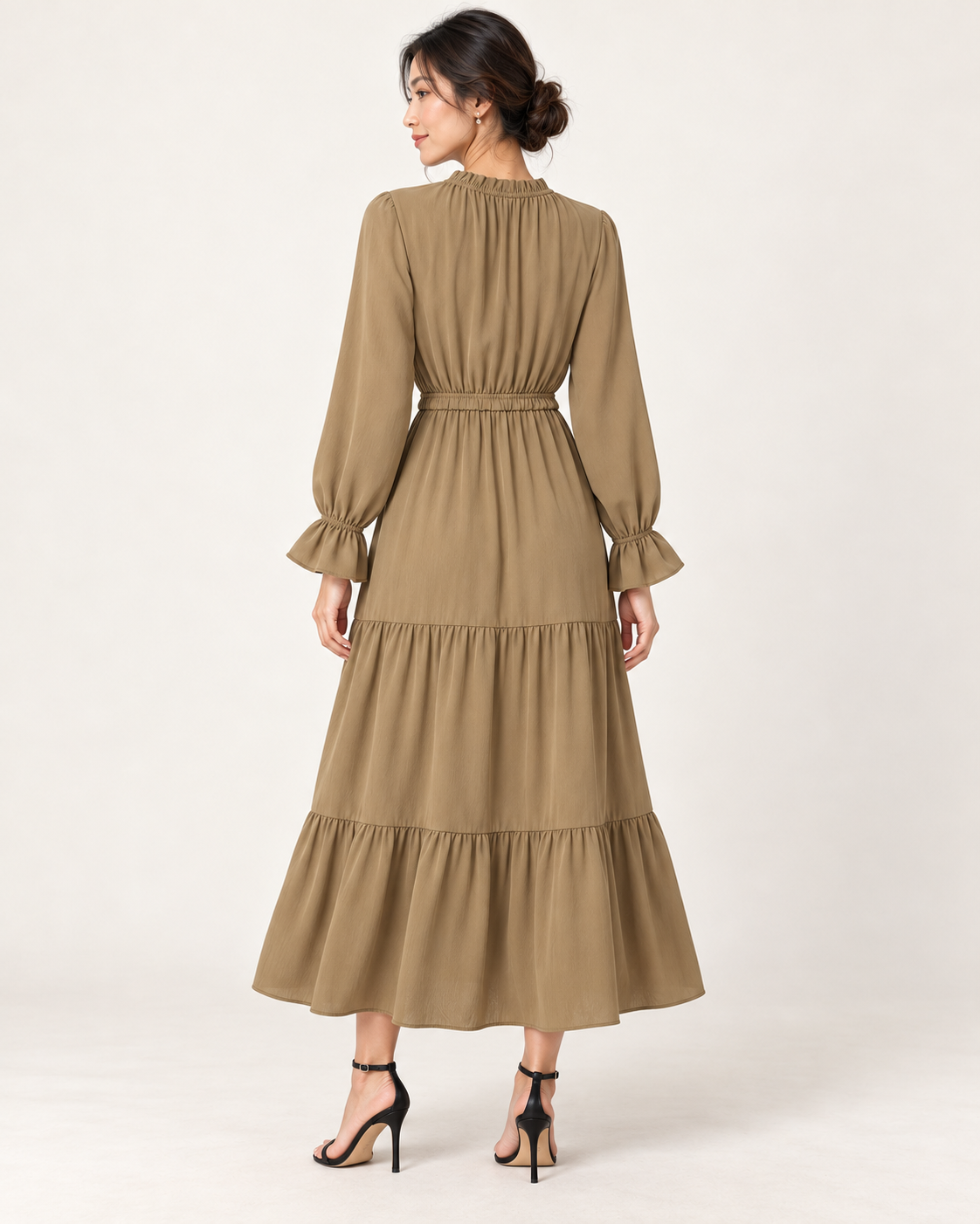 Women's Long Sleeve Tiered Swing Dress - Khaki - back view