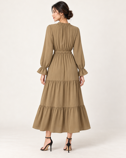Women's Long Sleeve Tiered Swing Dress - Khaki - back view