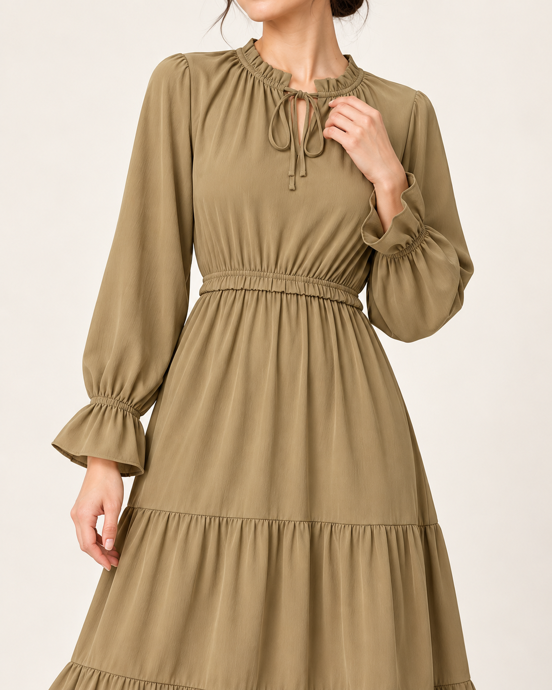 Women's Long Sleeve Tiered Swing Dress - Khaki - detail view