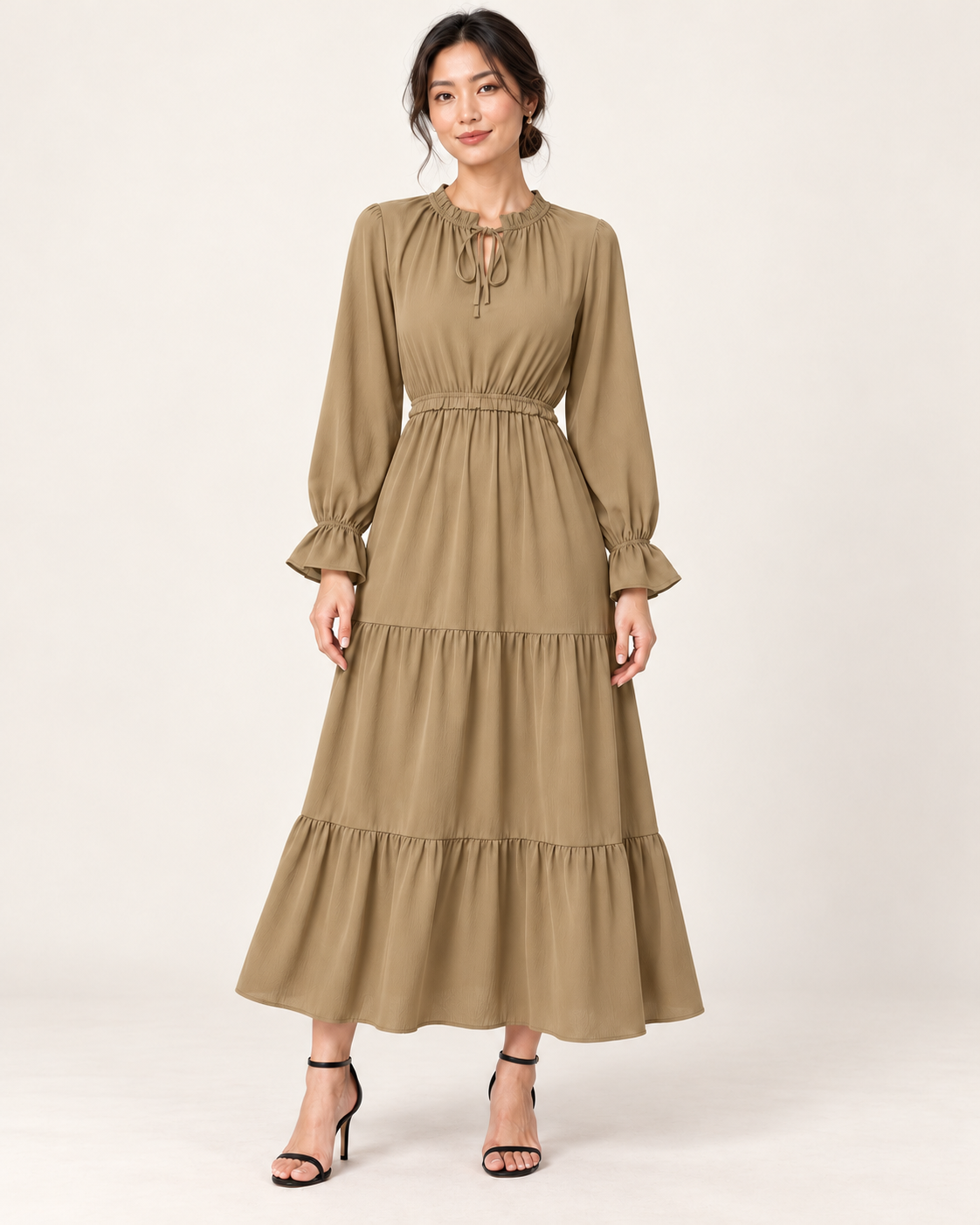 Women's Long Sleeve Tiered Swing Dress - Khaki - front view