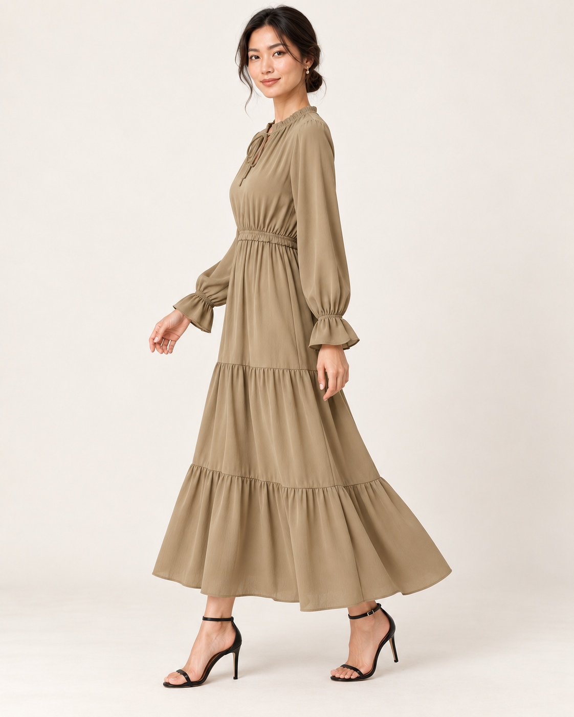 Women's Long Sleeve Tiered Swing Dress - Khaki - side view