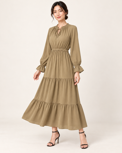 Women's Long Sleeve Tiered Swing Dress - Khaki - three-quarter view