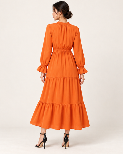 Women's Long Sleeve Tiered Swing Dress - Orange - back view