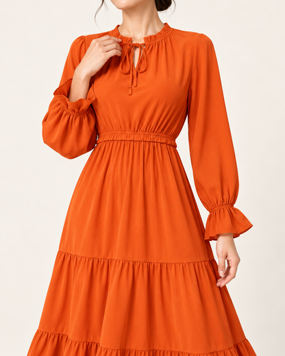 Women's Long Sleeve Tiered Swing Dress - Orange - detail view