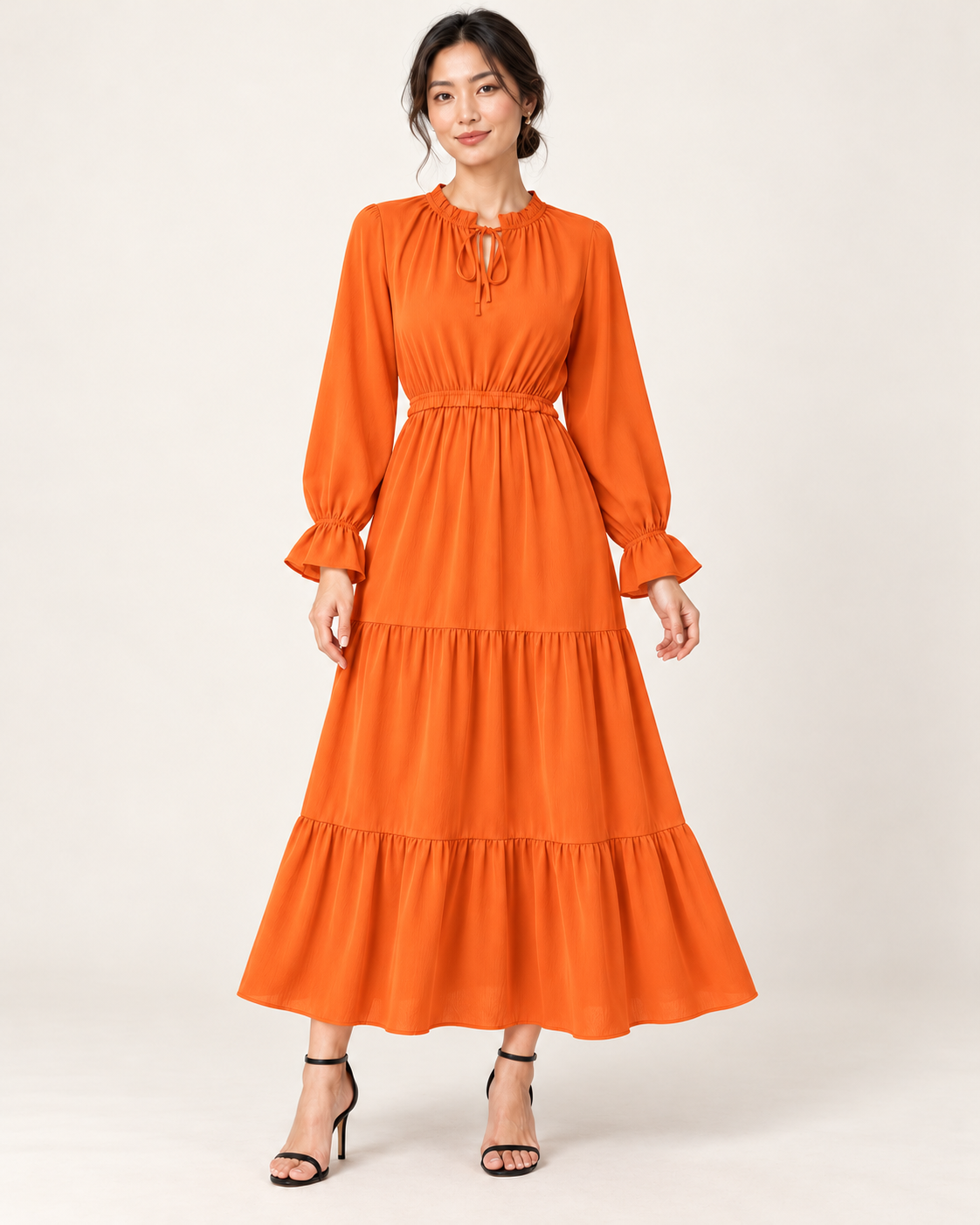 Women's Long Sleeve Tiered Swing Dress - Orange - front view