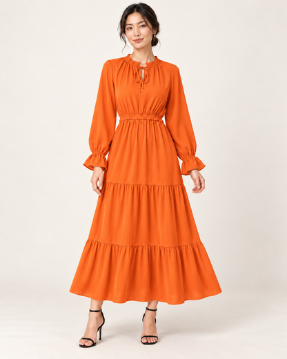 Women's Long Sleeve Tiered Swing Dress - Orange - front view