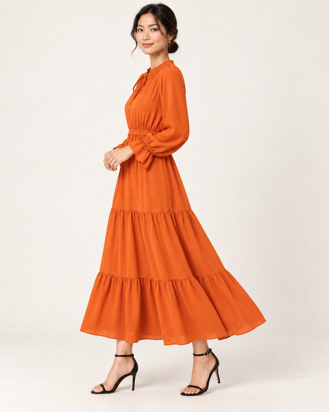 Women's Long Sleeve Tiered Swing Dress - Orange - side view