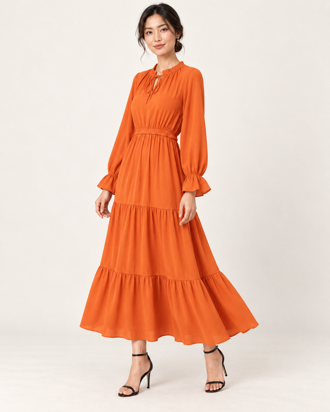 Women's Long Sleeve Tiered Swing Dress - Orange - three-quarter view