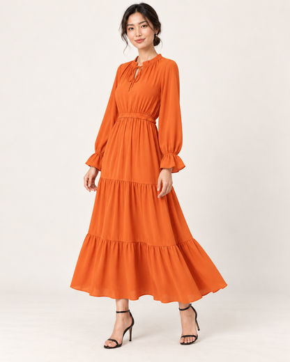 Women's Long Sleeve Tiered Swing Dress - Orange - three-quarter view