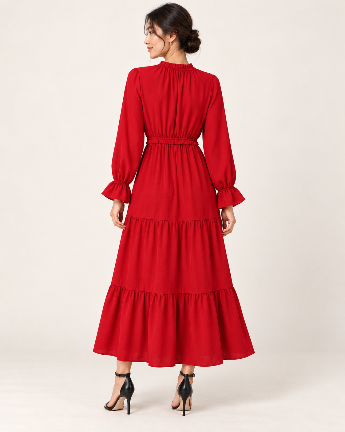 Women's Long Sleeve Tiered Swing Dress - Red - back view