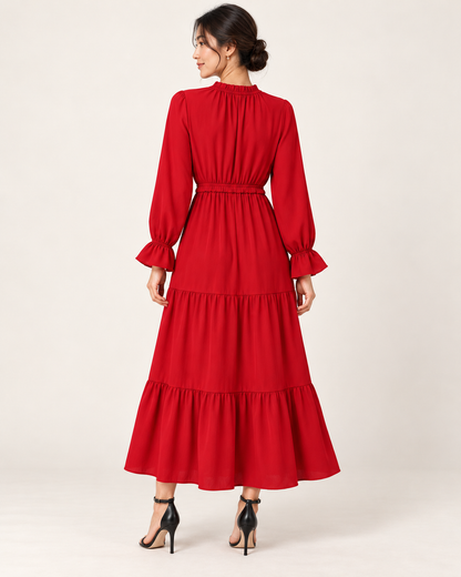 Women's Long Sleeve Tiered Swing Dress - Red - back view