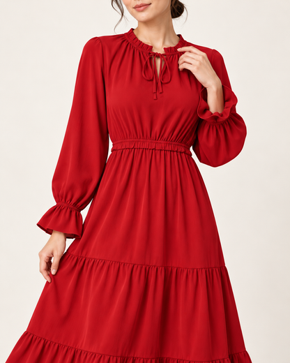 Women's Long Sleeve Tiered Swing Dress - Red - detail view