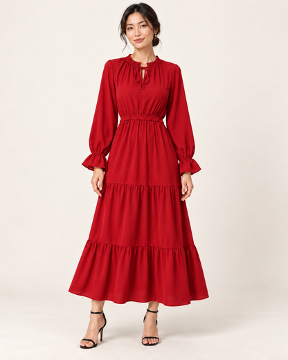 Women's Long Sleeve Tiered Swing Dress - Red - front view