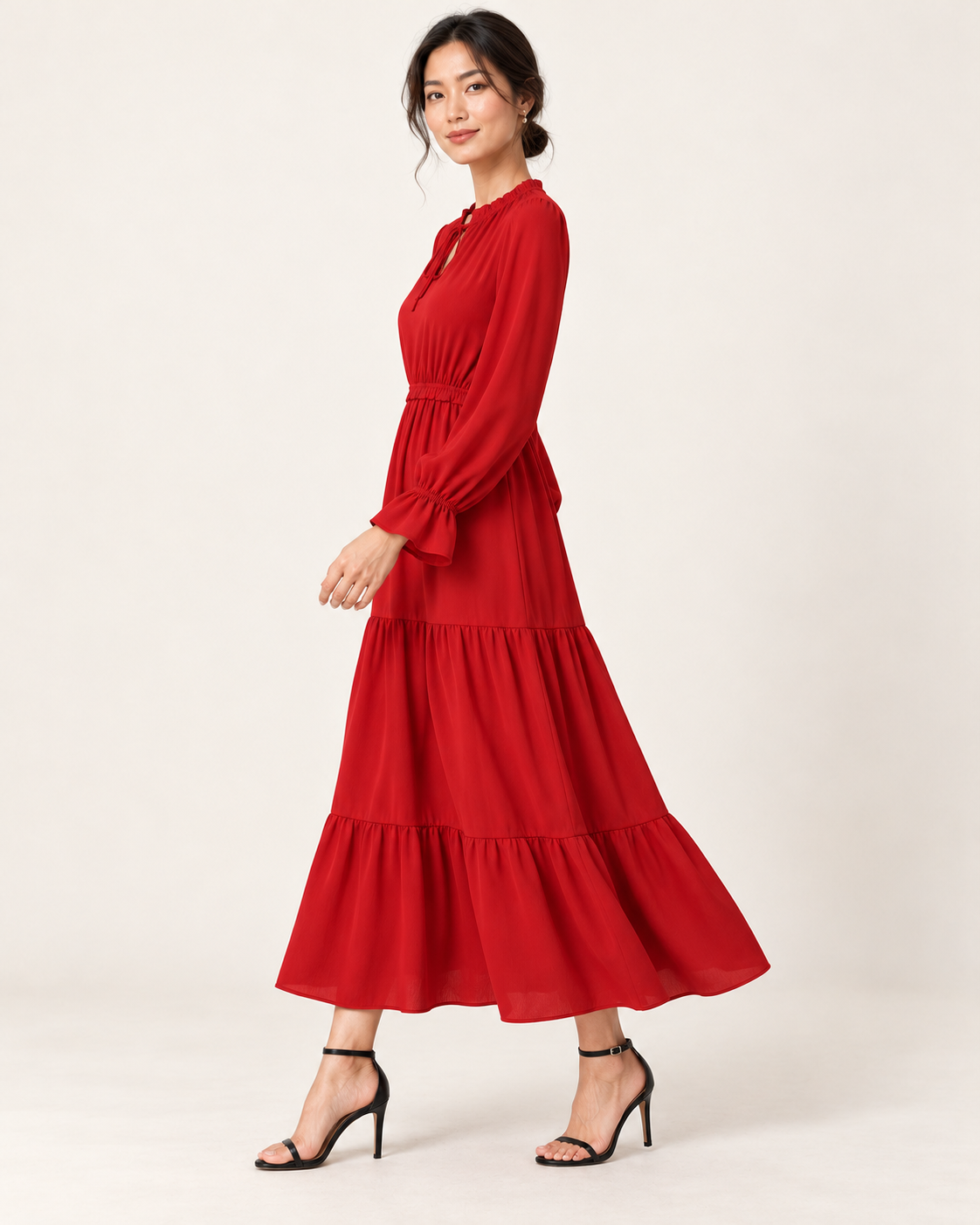 Women's Long Sleeve Tiered Swing Dress - Red - side view